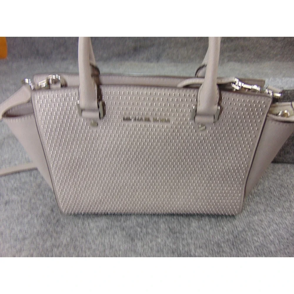 Michael Kors Selma Studded Satchel Bag Tan Beige Saffiano Leather Crossbody